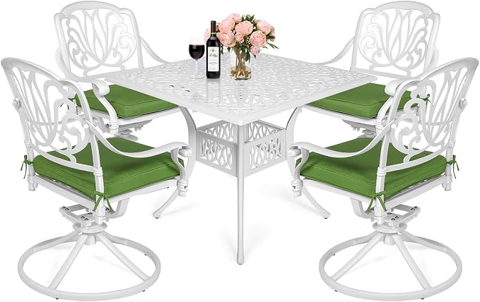 MEETWARM 5-Piece Outdoor Patio Dining Set, All-Weather Cast Aluminum Patio Conversation Set for Backyard Garden Deck with 4 Cushions Swivel Rocker Chairs and 35.4" Square Table, White