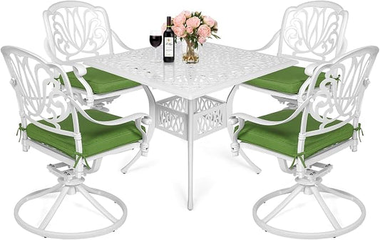 MEETWARM 5-Piece Outdoor Patio Dining Set, All-Weather Cast Aluminum Patio Conversation Set for Backyard Garden Deck with 4 Cushions Swivel Rocker Chairs and 35.4" Square Table, White