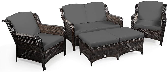COSTWAY 5PCS Patio Wicker Rattan Furniture Set, Loveseat Sofa with Ottomans and Cushioned Chairs, Conversation Sets for Outdoor Garden Backyard