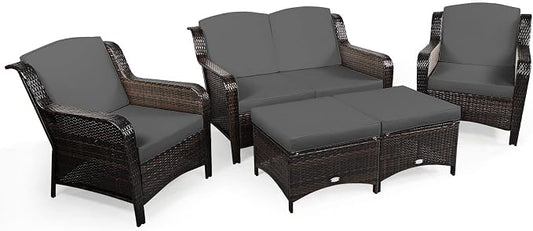 COSTWAY 5PCS Patio Wicker Rattan Furniture Set, Loveseat Sofa with Ottomans and Cushioned Chairs, Conversation Sets for Outdoor Garden Backyard