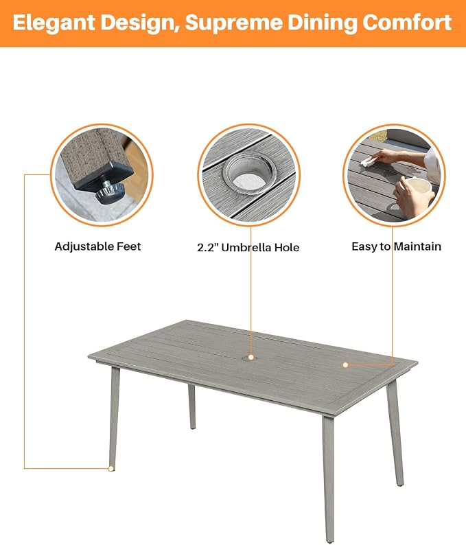 Never-Rust Outdoor Patio Dining Table for 6, Aluminum Outdoor Dining Table with Umbrella Hole, 6 Person Patio Dining Table Furniture for Decks, Garden, Porch, Lawn, Limed Oak