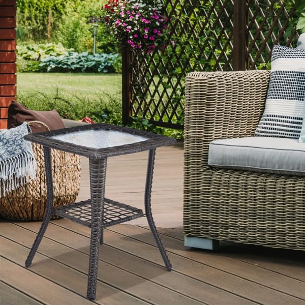Outdoor Wicker Side Table, Rattan End with Glass Top, Patio Coffee Bistro for Indoor Garden Porch Balcony (Grey)