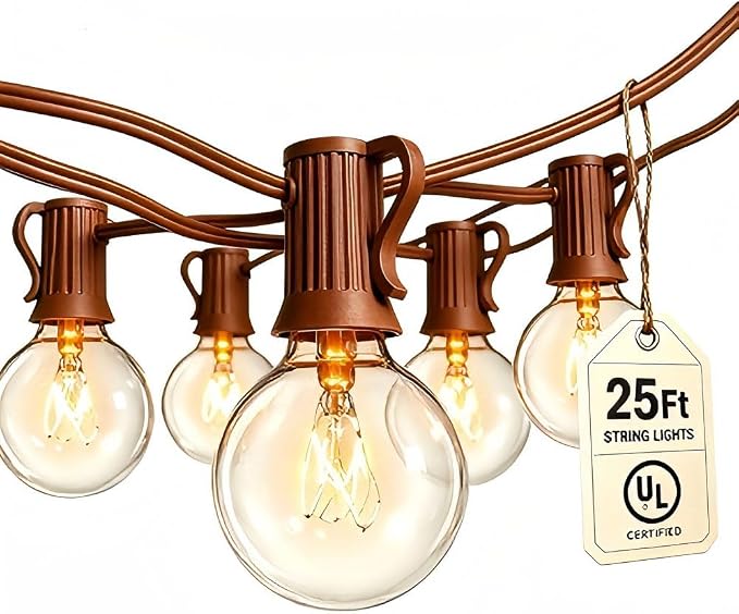 Abeja 25Ft Outdoor Patio String Lights with 27 Clear G40 Bulbs, UL Listed for Porch Bars Deck Wedding Party Markets Decor, 5W, E12 Socket Base, Brown
