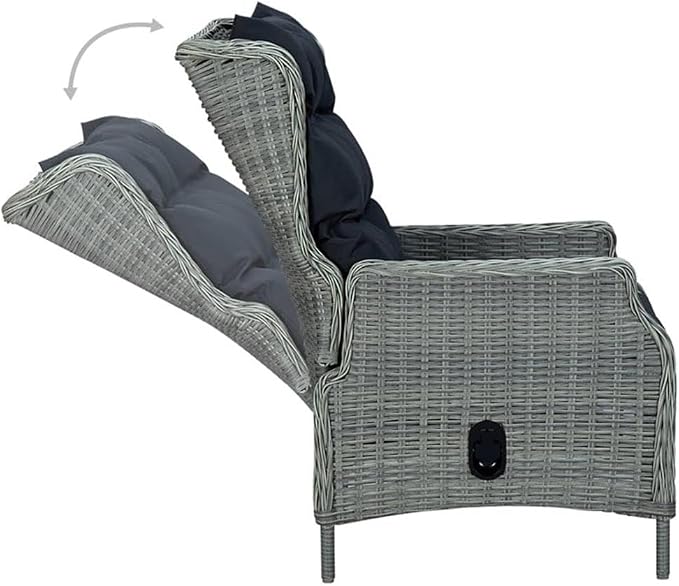 Afuera Living 7-Piece Patio Dining Set, Light Gray Synthetic Rattan and Acacia Wood, Oiled Finish, Rectangular Table with 6 Adjustable Backrest Chairs, Removable Cushions, Outdoor Garden Terrace
