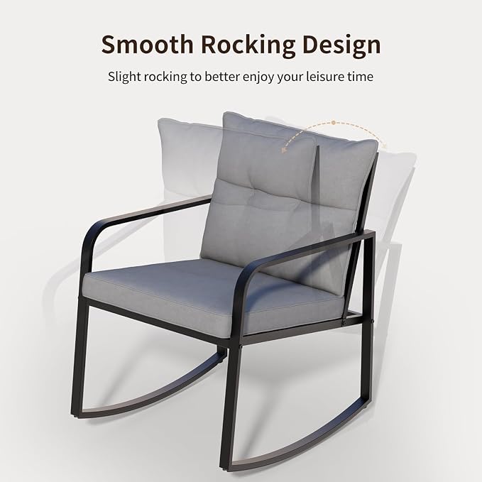 Gizoon 7-pc Outdoor Patio Furniture Set, Black Steel Patio Rocking Chairs Conversation Set with Loveseat, 6-Person Porch Bistro Set with Glass Coffee Table & Side Tables for Garden, Backyard, Grey