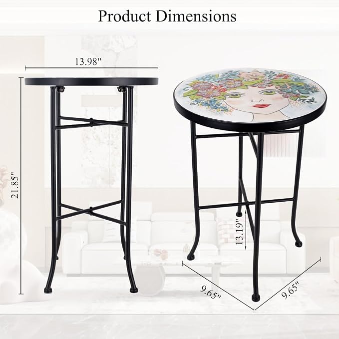 Mosaic Outdoor Side Table Small Round Patio Table Plant Stand | 21" Accent End Table with 14" Ceramic Tile Top for Small Spaces Porch Pool Garden Decor Indoor Living Room Bedroom Balcony