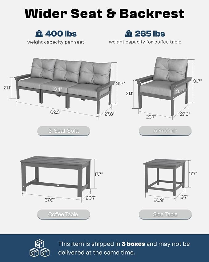 37.6 Inch HDPE Patio Coffee Table, Weather-Resistant Outdoor Coffee Table Easy Assembly for Lawn, Garden, Balcony, Deck, Backysrd (Grey Frame)