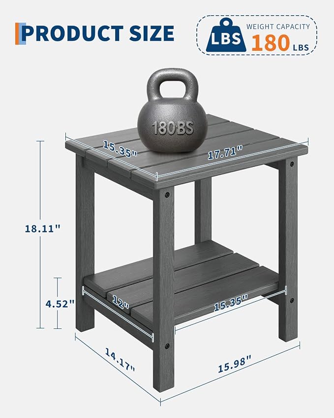 Garvee Adirondack Outdoor Side Table 18 x 15 in, HDPE 2-Tier Patio Side Tables for Outside, All-Weather End Table for Patio Pool Deck Indoor Backyard, Gray