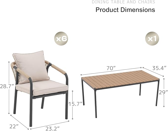 SUNSITT 7 Piece Outdoor Patio Dining Set, Patio Dining Furniture Set with 70” Metal Dining Table w/WPC Tabletop and 6 Woven Rope Patio Chairs w/Curved Armrest for Garden, Beige