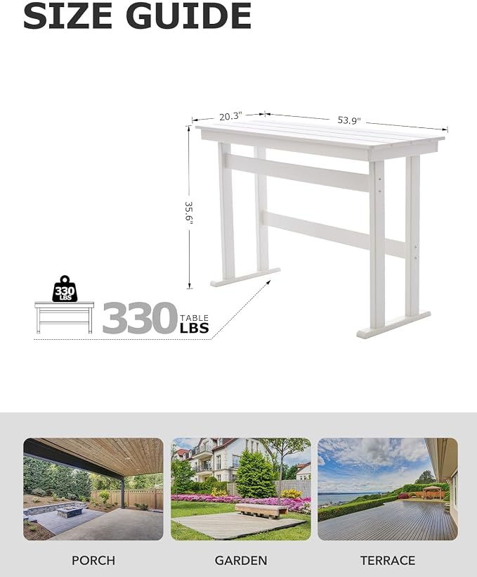 HDPE Outdoor Bar Height Patio Table, 54” All-Weather Outdoor High Top Tall Pub Rectangular Bar Table for Balcony, Backyard, Garden,Lawn (White, Bar Table)