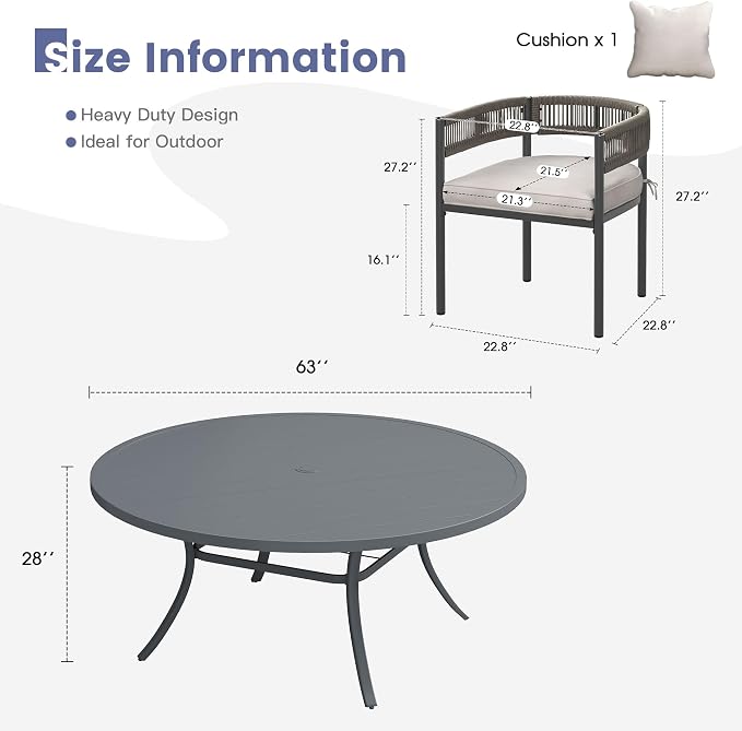 VICLLAX Patio Dining Set, 63" Dark Grey Table & 6 Chairs with Wheat Cushion | Outdoor Table and Chairs Set of Round Metal Patio Table, Outdoor Dining Chairs with Metal Frame, Garden Deck Porch