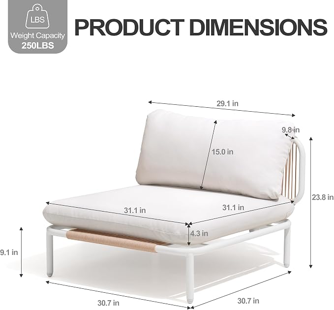 Patio Furniture Set, Outdoor Patio Furniture Oversized Metal Single Sofa, 2-seat Conversation Set with Cushion for Indoor and Outdoor, White Frame and Beige Mat, （2 Seats 2 Armrests）
