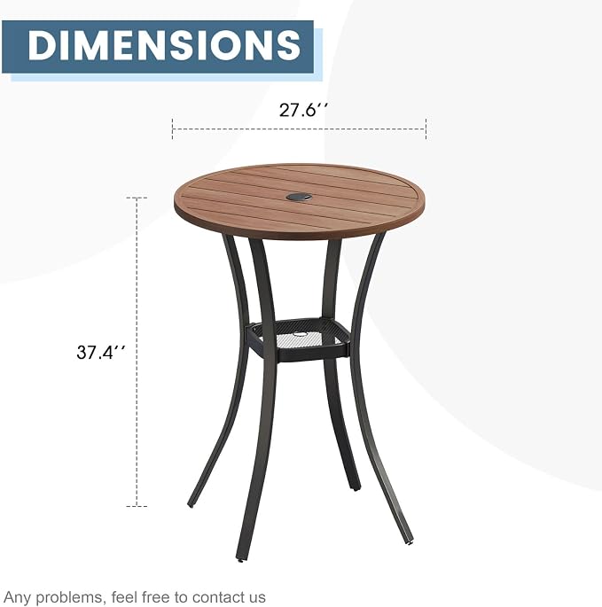 DIFY Patio Bar Height Table, Walnut 28" Round Outdoor Pub Table with 1.57" Umbrella Hole for Bistro, Garden, Poolside and Balcony