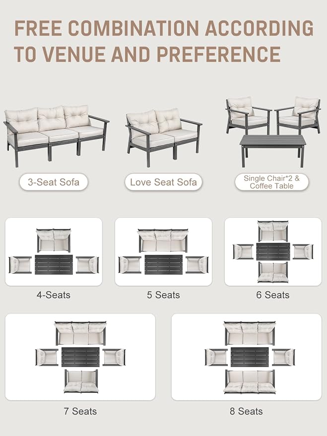 HDPE Patio Conversation Set 5 Seats, Outdoor Furniture Set, Patio Sofa Set | Water-Resistant Thick Cushion, HDPE All Weather, Wood-Grain, No Rot or Rust or Crack, UV Fade Shield, Easy-Clean for Outside