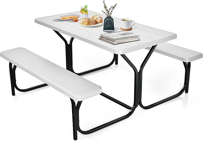 HAPPYGRILL Outdoor Picnic Table Bench Set with Metal Frame & All Weather-Resistant Surface, Camping Table Set for Patio Backyard Poolside Garden Dining Party