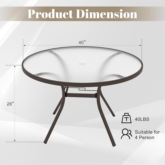 Glass Dining Table, 40" Outdoor Round Patio Table with Steel Base & 1.7" Umbrella Hole, Brown Frame