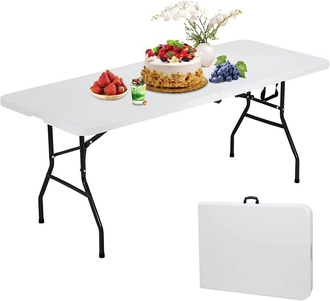 6ft Folding Table Portable Plastic Outdoor Table,Camping Multipurpose Rectangle Fold Up with Handle,Lock for Picnic, Party, Dining, Camping, Beach, BBQ, No Assembly