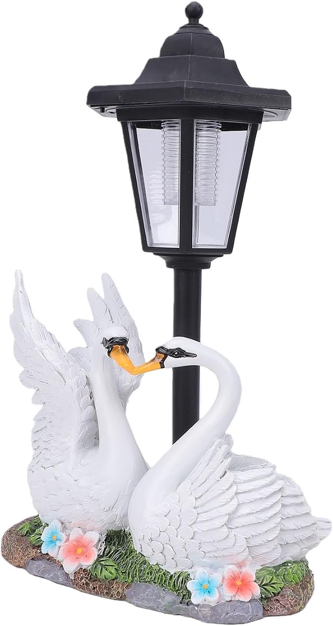 Solar Swan Lantern Outdoor Resin Garden Statue | with Solar Powered Warm Light and Stable Base for Patio Lawn Pathway Decor