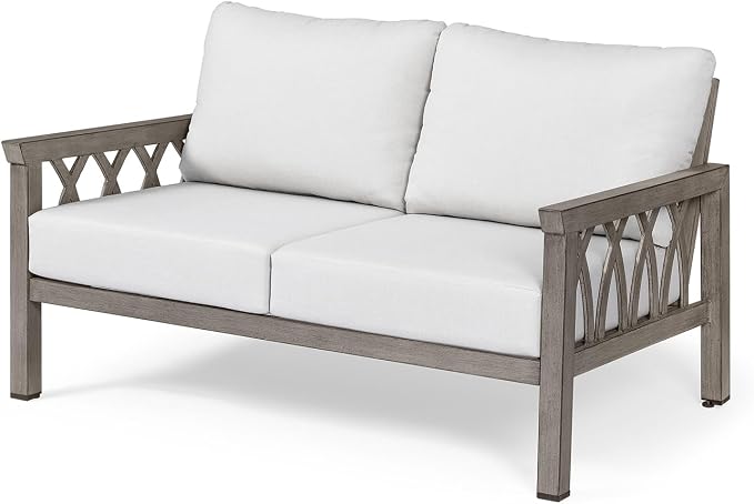Outdoor Aluminum Loveseat Sofa, 2-Seat Patio Sofa with Thick Cushions, Outdoor Club Sofa Couch, Weather-Resistant Patio Loveseat Furniture for Porch, Garden, Balcony, Limed Oak