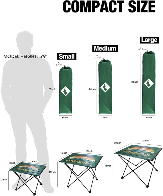 VILLEY Portable Camping Side Table, Ultralight Aluminum Folding Camp Table with Mountain Silhouette Print and Carry Bag, Compact Outdoor Picnic Table for Camping, Beach, Hiking, Travel, Large