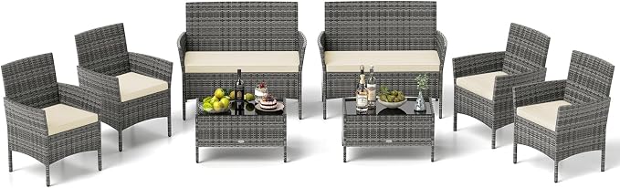 Tangkula 8 Pieces Patio Rattan Conversation Set, Outdoor Wicker Furniture Set with Cushioned Chair, Loveseat & Tempered Glass Table, Outside Sectional Sofa Set for Backyard (G-Beige,2)