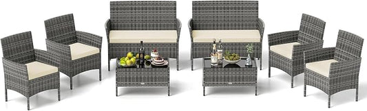 Tangkula 8 Pieces Patio Rattan Conversation Set, Outdoor Wicker Furniture Set with Cushioned Chair, Loveseat & Tempered Glass Table, Outside Sectional Sofa Set for Backyard (G-Beige,2)