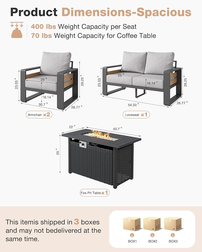 Aoxun Aluminum Patio Furniture Set with Fire Pit Table, 4 Piece Luxury Outdoor Sectional with 6" Olefin Fabric Cushions, Patio Conversation Sets with Waterproof Cover for Backyard, Porch Light Grey