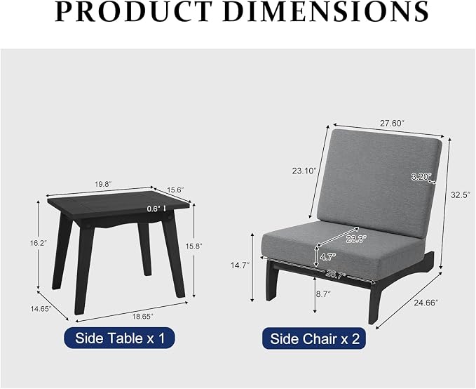Pia Ricoo 3 Piece Patio Bistro Set with Patio Chairs and Table, Heavy Duty Wood Patio Furniture Set, All-Weather Outdoor Chairs for Balcony, Deck, Poolside, Porch - Gray/Dark