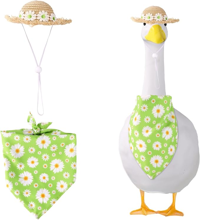 Lyreh Summer Porch Goose Outfits, Hawaiian Daisy Pastoral Style Goose Clothes Set Straw Hat & Bandana Scarf Costume for 23/17" Lawn Statue for Outdoor Garden Yard Patio Decor Accessories