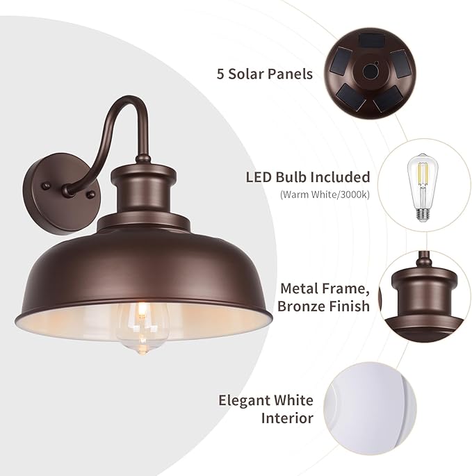 Solar Barn Lights for Outside, Outdoor Wall Light Solar Powered, Farmhouse Exterior Wall Sconce, Industrial Outside Lighting Fixture, Rustic Bronze White Lanterns for Barn Shed Coop Garage Patio