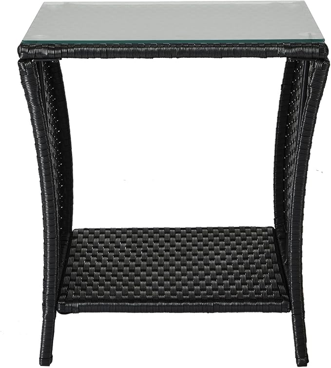 Wicker Rattan Side Table, Outdoor Square Rattan Coffee End Table with Tempered Glass Top and Storage for Patio Porch Lawn (Black)