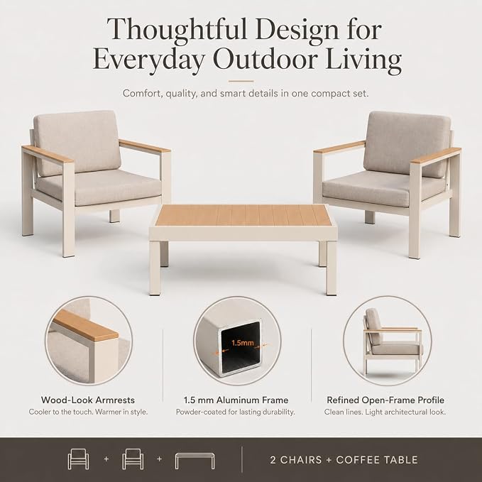 Aluminum Outdoor Patio Chairs Set of 2,Patio Furniture Chairs with 5-Inch Water-Resistant Cushions, Powder-Coated Frame for Porch, Deck, Backyard, Poolside,Beige