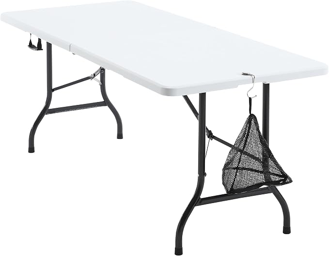 VECELO 6 FT Thick Top Picnic Table with Portable Mesh Bag, Folding Table with Strong Side Support, 500lbs Capacity for Outdoor Camping, Party, Dining - White