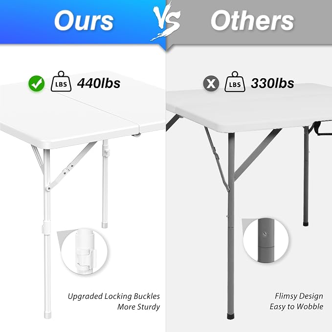Allpop 34'' Square Folding Card Table, Fold-in-Half Portable Plastic Dining Table with Carry Handle & 2 Heights for Picnic Party Commercial Events, White