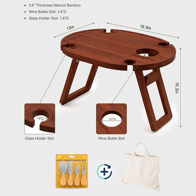 Portable Wine Picnic Table with 4 Glass Holders, Foldable Bamboo Outdoor Snack Table with Cheese Knife Set & Storage Bag, Low Picnic Tray for Camping, Grass, Beach, Romantic Date (Brown)