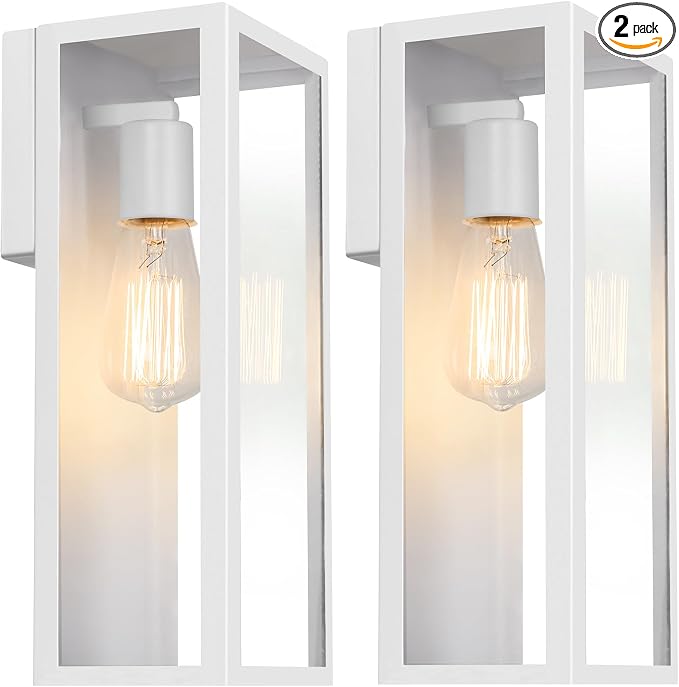 VerRon Outdoor White Wall Light Fixtures, Modern Exterior Wall Lanterns | Anti-Rust E26 Modern Lighting Fixtures Waterproof with Clear Glass Shades for Patio Garage Entryway Front Door, 2-Pack