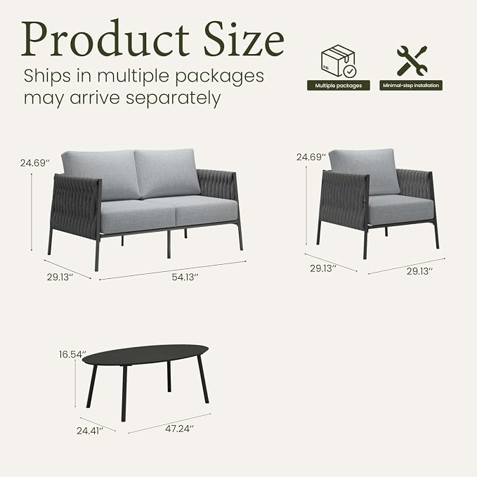 LayinSun 4 Piece Outdoor Furniture Set with Coffee Table, Modern Rope Woven Patio Conversation Sofa Set with Olefin Braid and Deep Seating
