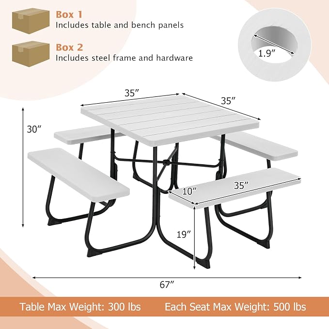 Giantex Picnic Table Set for 8 Persons, Outdoor Table and Bench with Umbrella Hole, HDPE Top & Metal Frame, 500LBS Capacity, Square Patio Table Bench for Deck Backyard Garden (White)