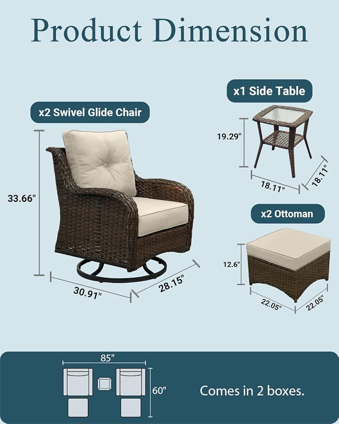 Luxury Patio Conversation Set, 5-Piece Ergonomic High Back Wicker Swivel Chair Set with 6-Inch Deep Seating Cushions, Large Patio Furniture Set for Garden, Deck & Balcony, Beige