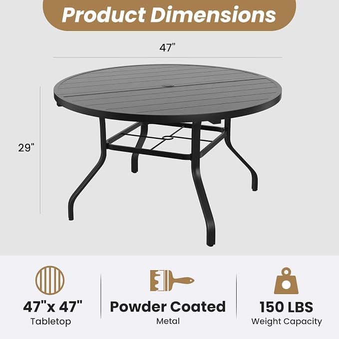 HRVEOCEI 47" Outdoor Round Table with Umbrella Hole, Metal Patio Dining Tables for Lawn Garden, Wood-Like Grain Bistro Table Outdoor for Backyard,Poolside,Deck,Por (Black, Round)