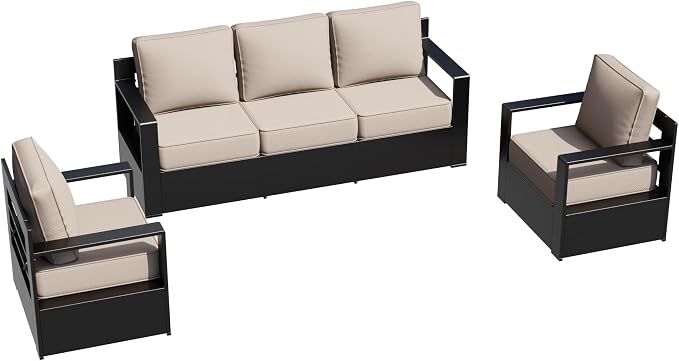 Outdoor Aluminum Furniture Set, 3-Piece Patio Conversation Set, 2 Chairs and 1 Sofa, All-Weather Metal Frame, 6" Thick Removable Cushions, Deep Setting for Garden, Poolside and Porch