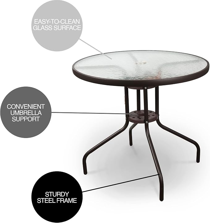 Garden Elements Outdoor Patio Furniture, Round Dining Table, Steel Base and Rim with Water-Wave Glass Top, Brown, 31.5"