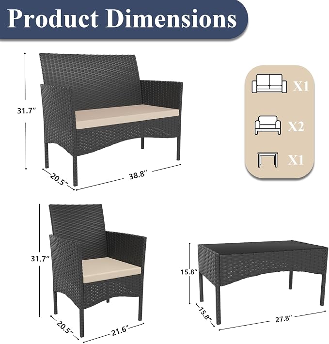 ALAULM Outdoor Patio Furniture Set, 4 Pieces Patio Conversation Set Wicker Chairs with Glass Table and Soft Cushion for Porch,Backyard, Poolside (Sand)