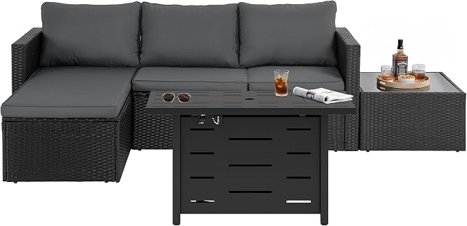 SUNLEI 4-Piece Patio Furniture Set with 43" Propane Fire Pit Table, Outdoor Wicker Sectional Sofa Set, All-Weather Conversation Set for Backyard, Poolside, Garden, Blue Cushions