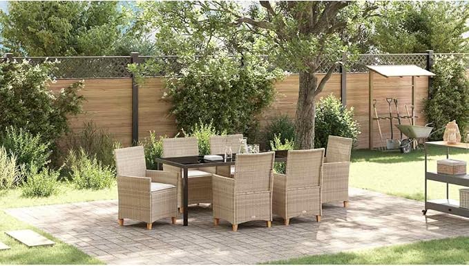 7 Piece Garden Dining Set, Outdoor Patio Furniture with 6 Cushioned Chairs and Glass Table, Beige Poly Rattan Weather Resistant Bistro Set for Backyard Deck