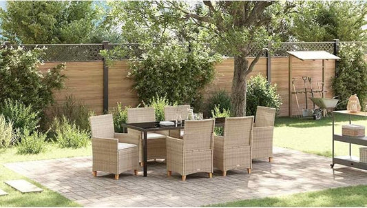 7 Piece Garden Dining Set, Outdoor Patio Furniture with 6 Cushioned Chairs and Glass Table, Beige Poly Rattan Weather Resistant Bistro Set for Backyard Deck