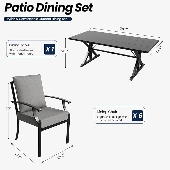 7 Piece Outdoor Dining Set for 6, Metal Patio Table and Chairs with Cushions, Patio Furniture Set with 6 Stackable Chairs, Rectangular Metal Dining Table with Umbrella Hole, Lawn Deck Yard-Grey