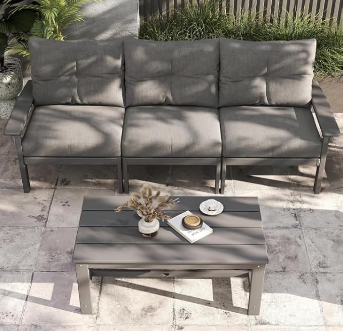 HDPE Outdoor Patio Furniture Set, 7-Piece Patio Conversation Sets with Coffee Table & Side Table & Grey Washable Thick Cushions, Outdoor Sofa for Balcony, Poolside, Porch(Grey Frame)