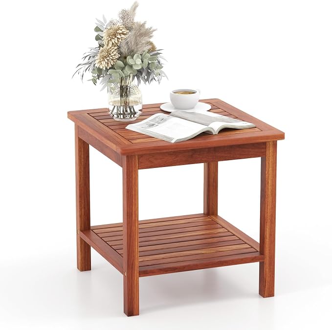 HAPPYGRILL Adirondack Outdoor Side Table Patio 2-Tier Square End Table, Acacia Wood Coffee Table for Porch, Poolside, Backyard, Garden, Balcony, Living Room