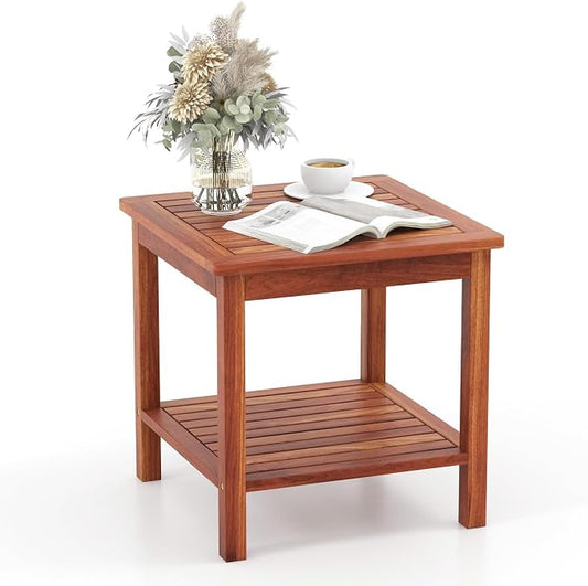 HAPPYGRILL Adirondack Outdoor Side Table Patio 2-Tier Square End Table, Acacia Wood Coffee Table for Porch, Poolside, Backyard, Garden, Balcony, Living Room
